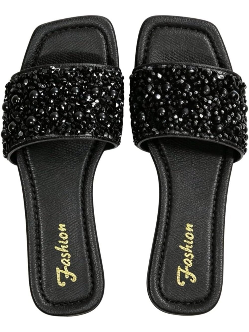 Women's Black Rhinestone Sparkly Flat Sandal Cute Square Toe Glitter Slide Shoes